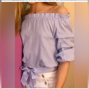 Habitual girls sz 14 white with blue stripes shirt; ruffle sleeves & waist tie